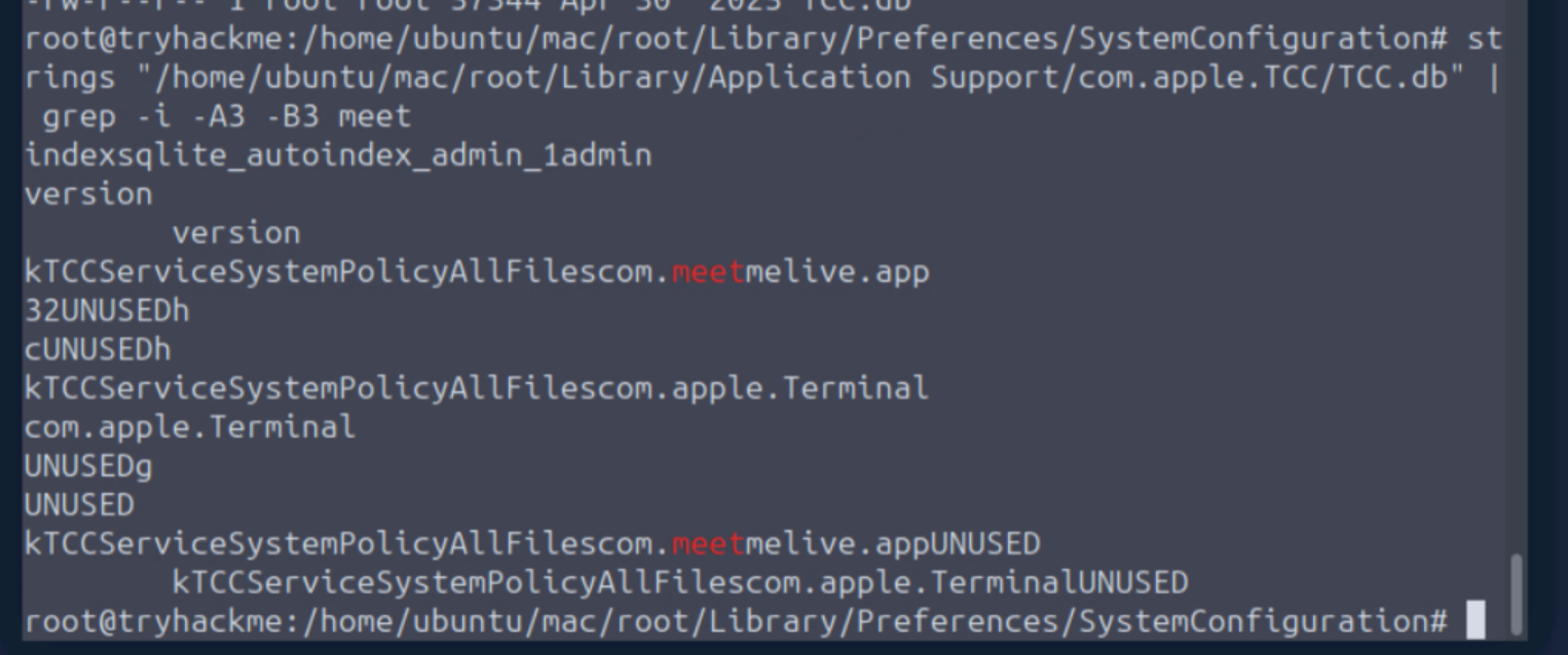 strings grep output of TCC.db showing kTCCServiceSystemPolicyAllFiles for MeetMeLive